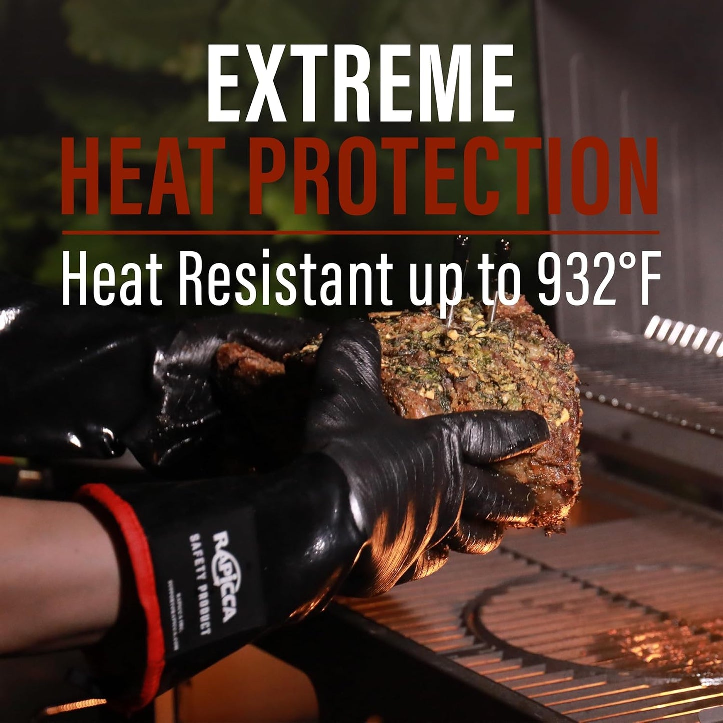 RAPICCA 932°F Heat Resistant BBQ Grill Gloves: Oil Resistant Waterproof for Smoking Grilling Cooking Barbecue Deep Frying Turkey Rotisserie Handling Hot Greacy Meat Stocking Stuffers - Long Sleeve