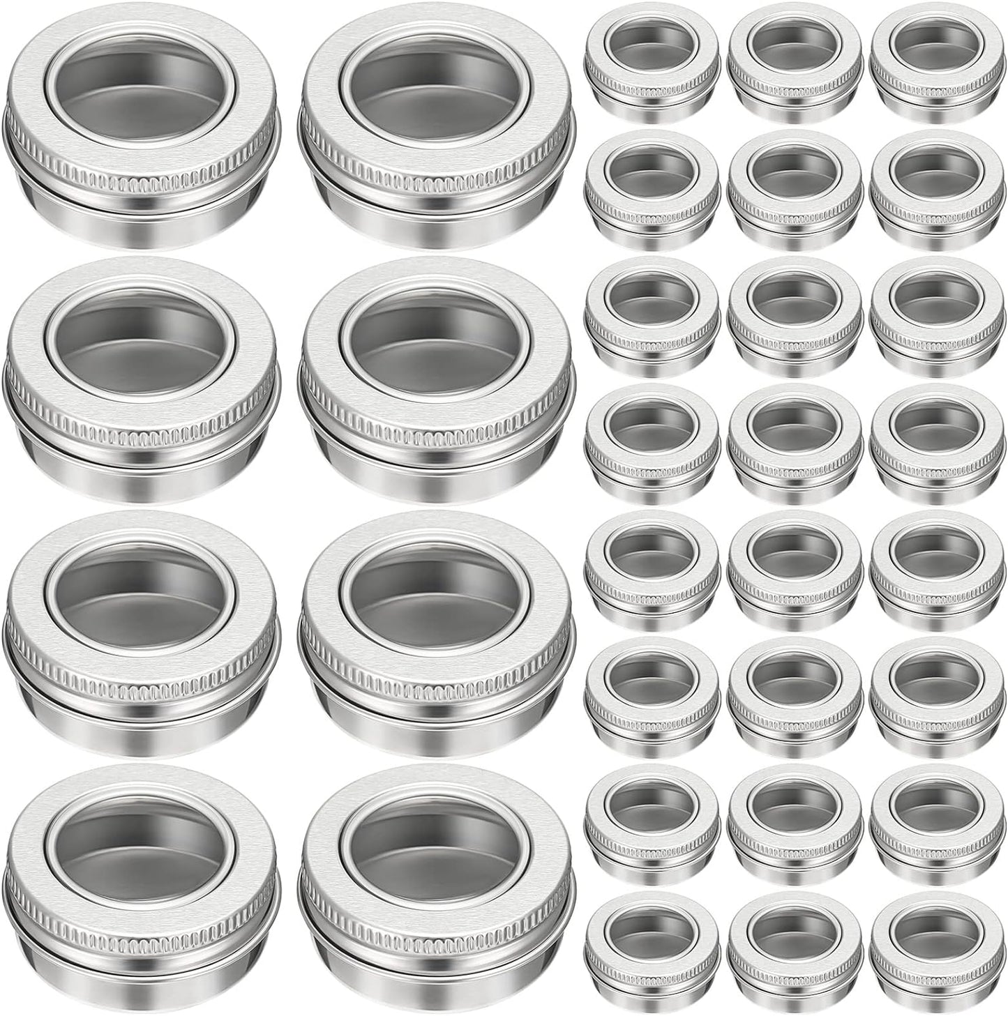 Zubebe 100 Pcs Aluminum Tin Jar Refillable Containers Clear Top Screw Lid Round Tin Container Bottle for Cosmetic, Cream, Diamond Painting, Salves, Balms, Lip Balm, Spices or Others, Silver (2 oz)