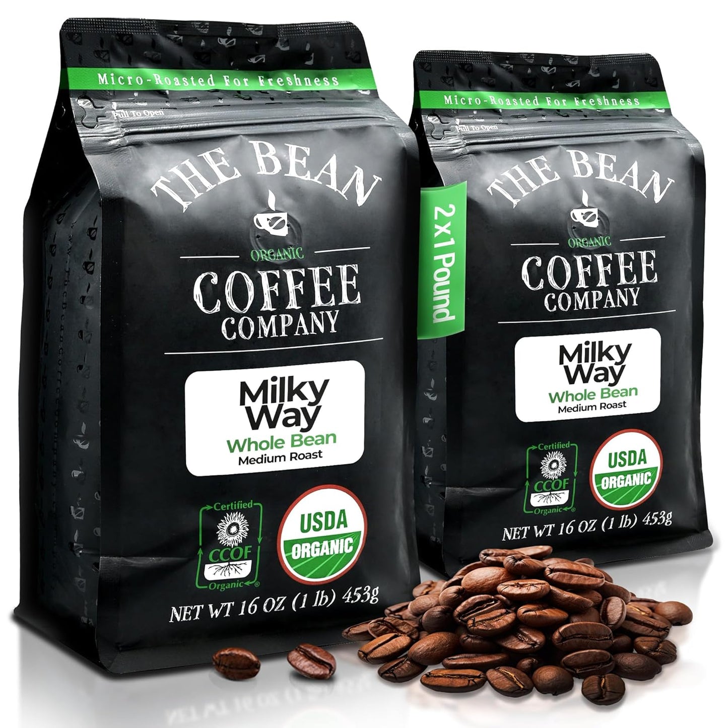 The Bean Organic Coffee Company Milky Way, Medium Roast, Whole Bean Coffee, 16-Ounce Bags (Pack of 2)