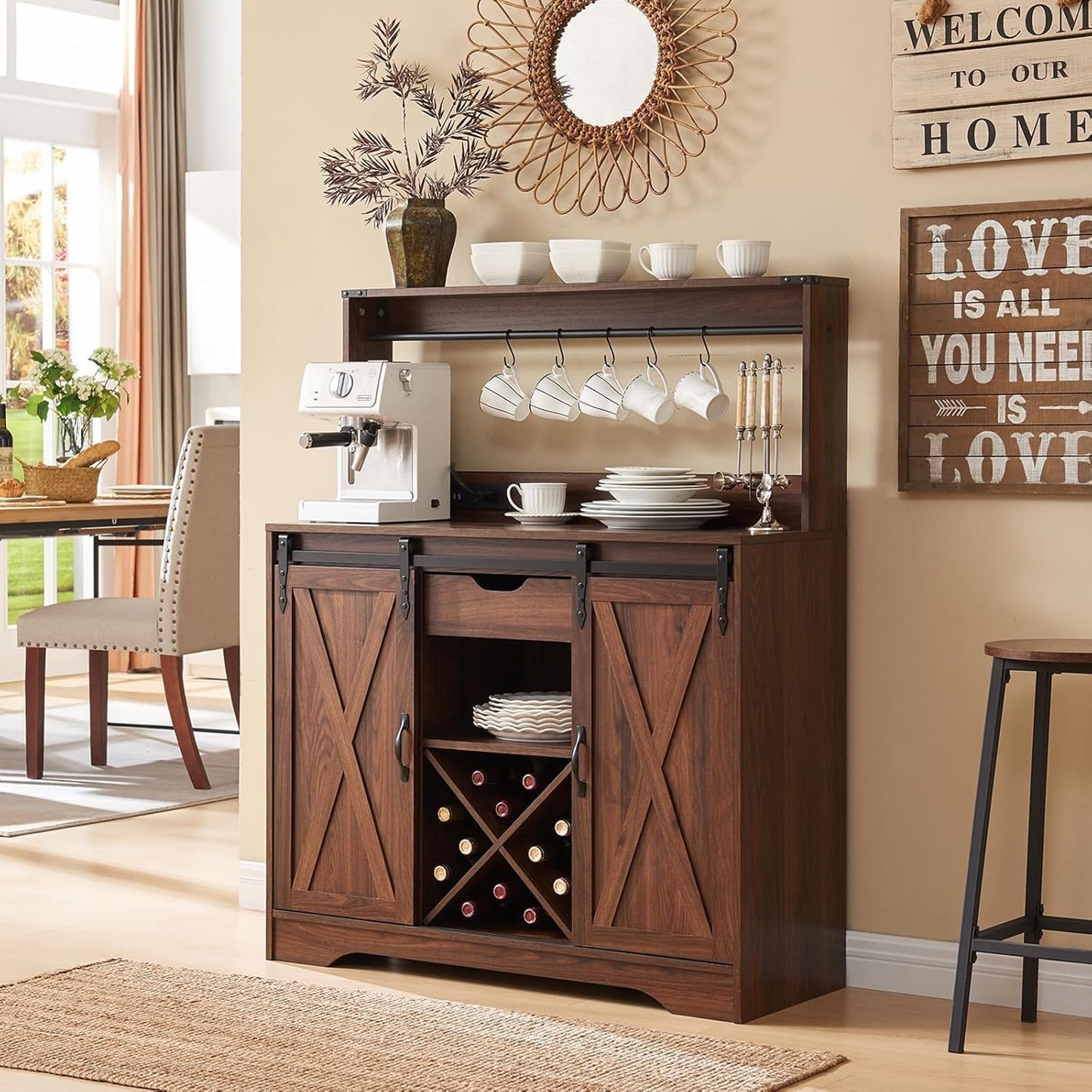Wnutrees Farmhouse Coffee Bar Cabinet with Charging Station and USB Ports, Sliding Barn Door, 39" Kitchen Hutch Sideboard Buffet Storage Cabinet, Fits Kitchen Dining Living Room, Brown