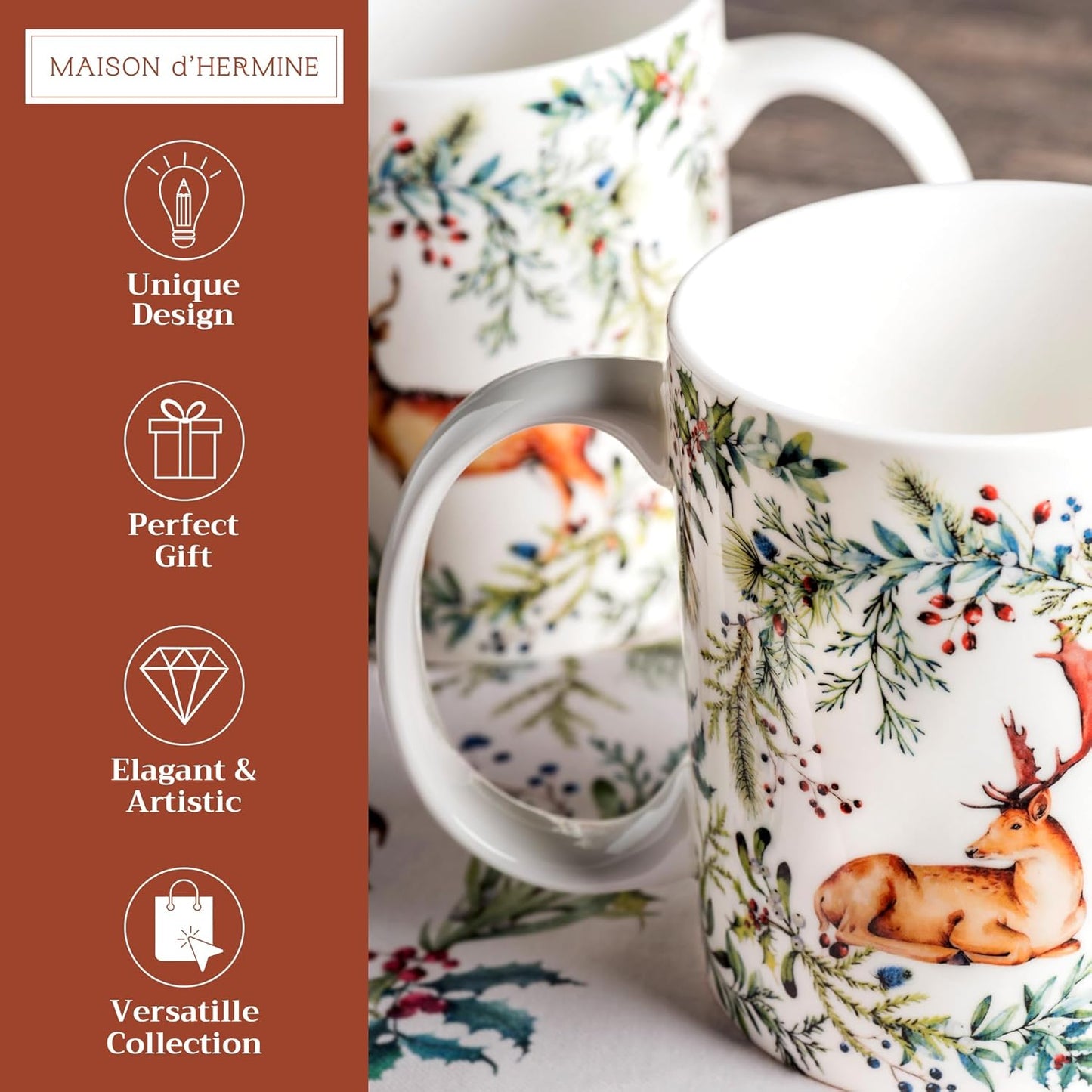 Maison d' Hermine Coffee Mug with Handles Fine Bone China Mugs Pack of Two Tea Cups for Hot Beverages Cappuccino Latte Home Restaurant Office Perfect for Gift (Holly Time, 12 Ounce)