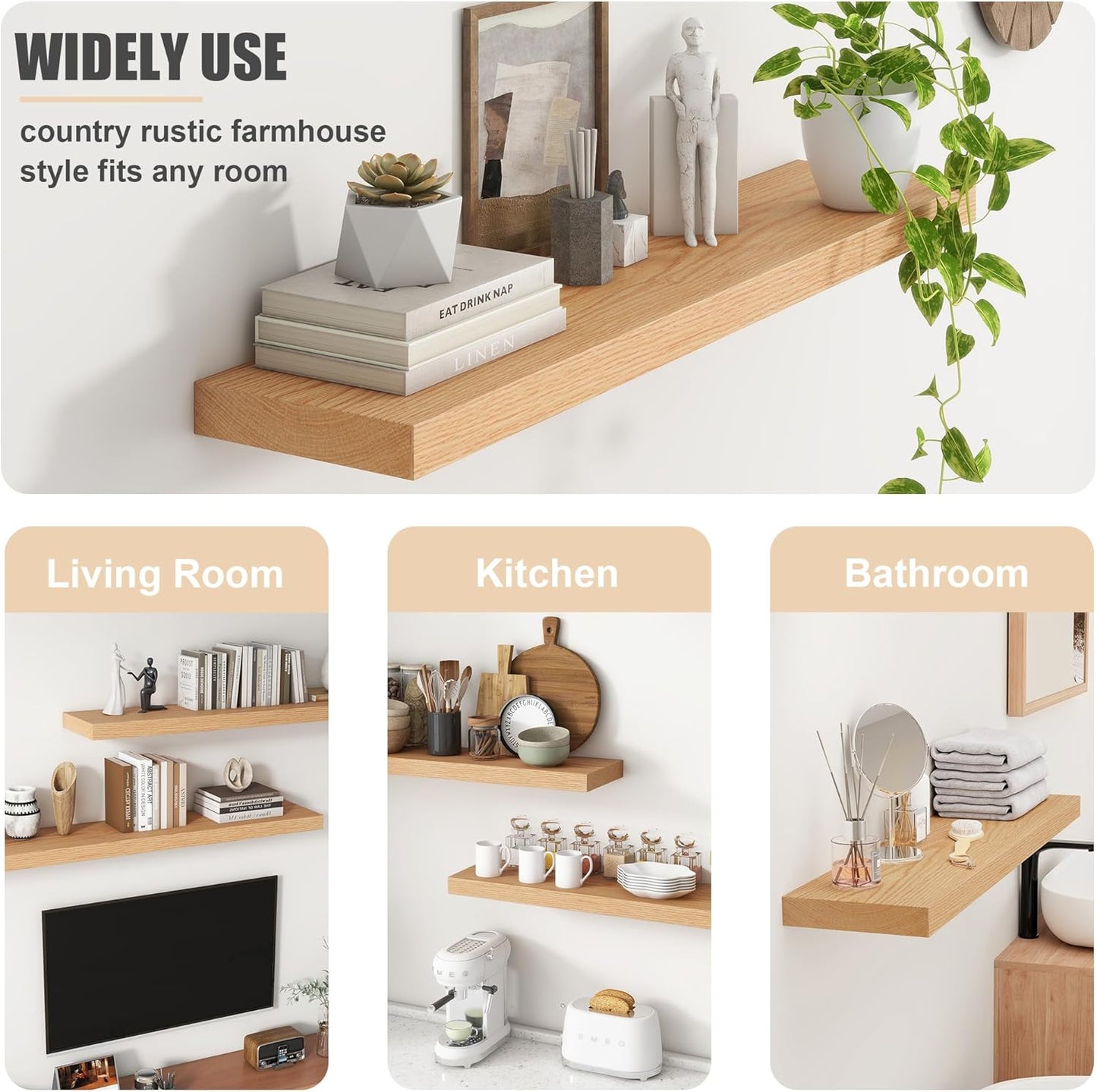 Floating Shelves for Wall, USA-Sourced Oak Wood 24 Inch Wall Shelves Set of 2, Natural Wooden Wall Mounted Picture Ledge Shelf, Nursery Book Storage Shelf Kids Bookshelf, Display Shelf for Bathroom