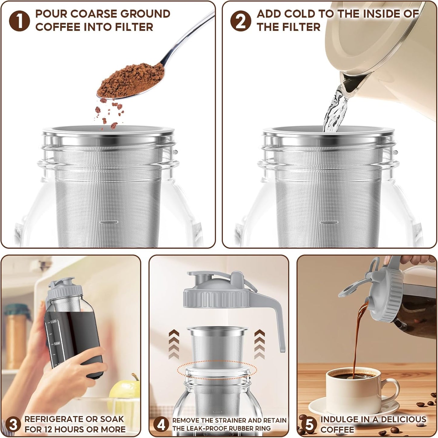 Cold Brew Coffee Maker Jar - 2 Pack 64 oz(2 Quart / 1.9 Liter)Glass Cold Brew Maker with Handle, Stainless Steel Filter&Leak-Proof Lid, Heavy Duty Cold Brew Pitcher for Iced Coffee, Sun Tea, and Milk