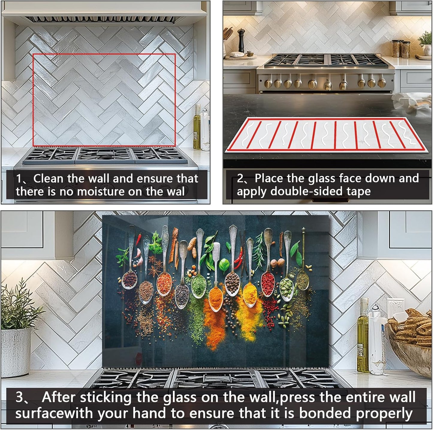 DAIFURONGE Spice Tempered Glass Backsplash For Kitchen Behind Stove,Stove Back Top Cover,Easy to Clean Glass Splashback, Sink Cover Splash Guard,Home Kitchen Wall Decor (35.43"x27.56"(90x70cm))