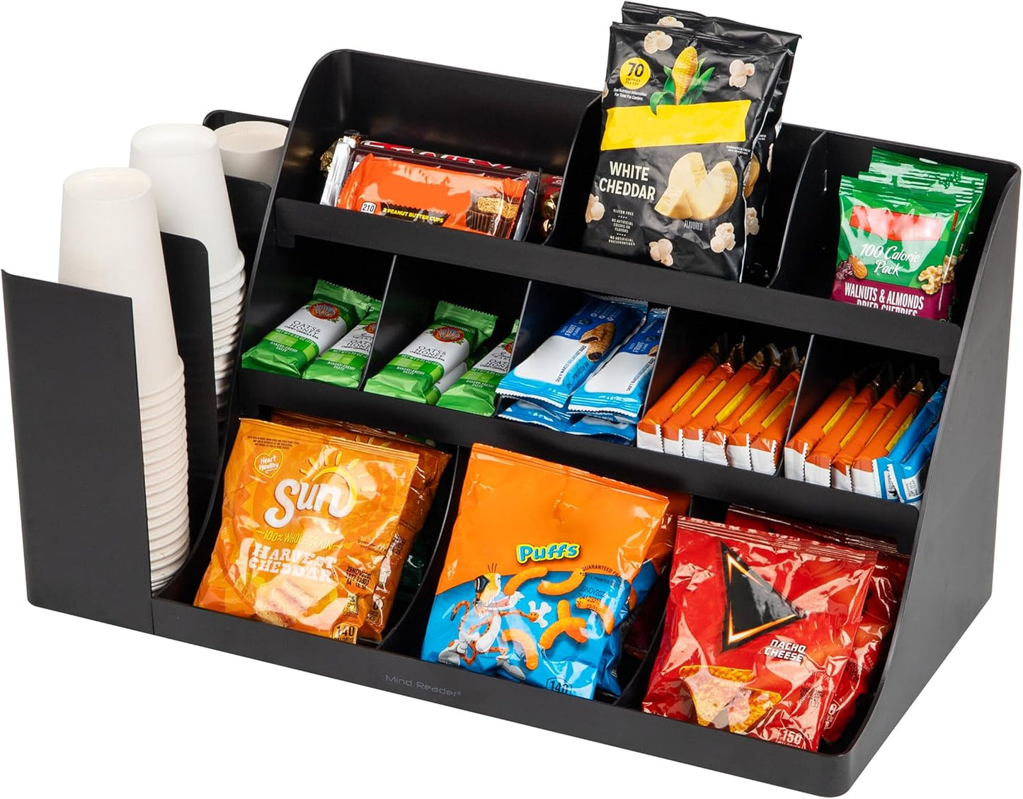 Mind Reader Cup and Condiment Station, Countertop Organizer, Coffee Bar, Kitchen, Stirrers, 24"L x 11.5"W x 12.5"H, Black