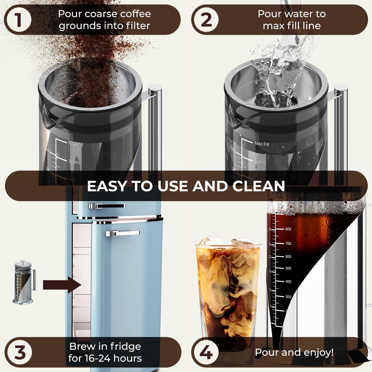 Cafe Du Chateau Stainless Steel French Press Coffee Maker - 34oz Insulated Coffee Press with 4-Level Filtration, BPA Free, Durable Glass, Great for Tea