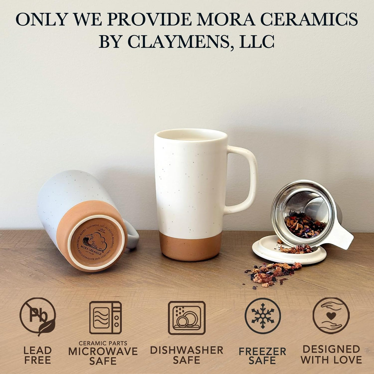 Mora Ceramics Large Tea Mug with Loose Leaf Infuser and Ceramic Lid, 18 oz, Portable, Microwave and Dishwasher Safe, Tall Coffee Cup - Rustic Matte Ceramic Glaze, Modern Herbal Tea Strainer, Cotton