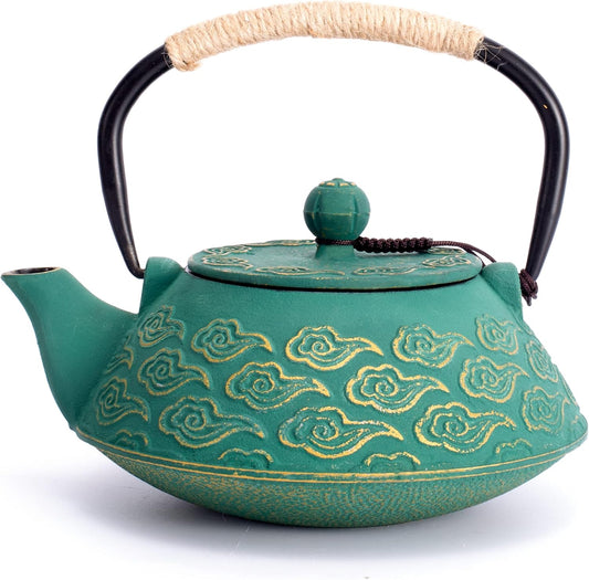 Cast Iron Teapot, Japanese Tea Pot with Infuser for Loose Leaf, Tea Kettle Stovetop Safe Coated with Enameled Interior, Clouds Pattern 27oz, 800ml Black