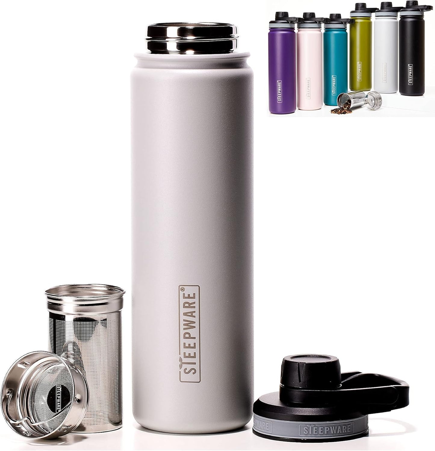 The Tea Spot Steepware Tea Tumbler,Tea Thermos, 22oz, Fog Grey- Travel Bottle with Tea Infuser for Loose Leaf Tea or Iced Coffee - Sleek Double-Walled Insulated Bottle