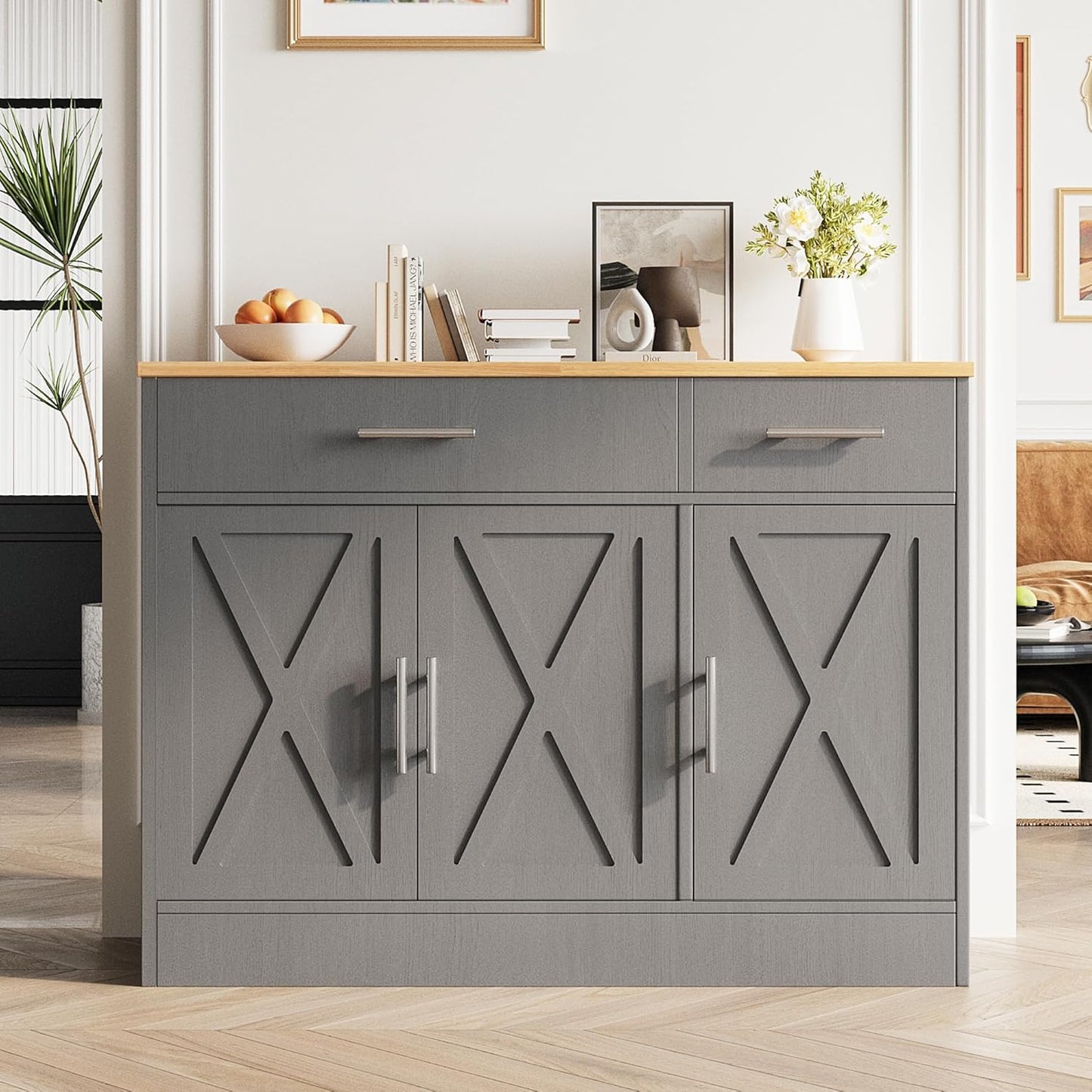 Vongrasig 43” Sideboard Buffet Cabinet with Storage, Farmhouse Coffee Bar with Drawers and Shelves, Wood Buffet Table for Kitchen Dining Room, Living Room, Grey
