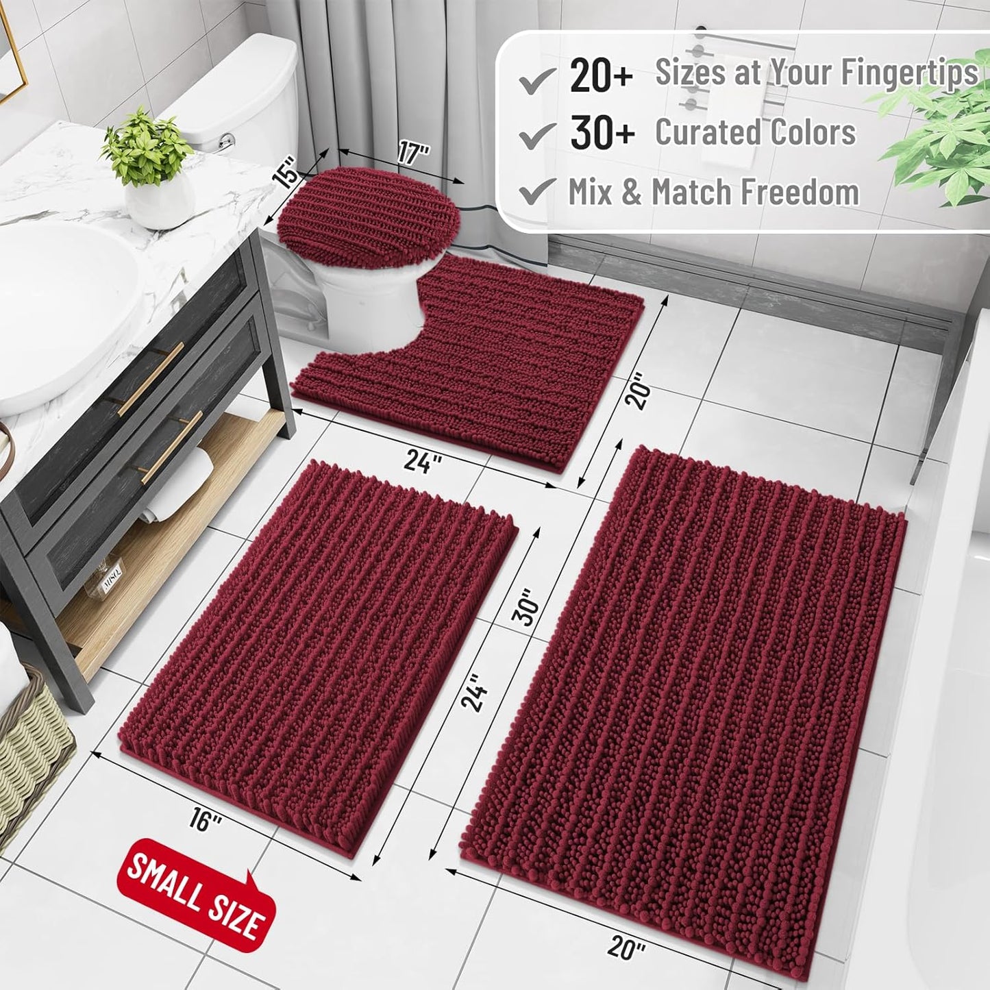 Arotive Luxury Chenille Bathroom Rug Mat, Extra Soft Thick Absorbent Shaggy Bath Rugs, Non-Slip Machine Wash Dry, Plush Bath Mats for Bathroom, Shower and Tub, 34x21, Burgundy