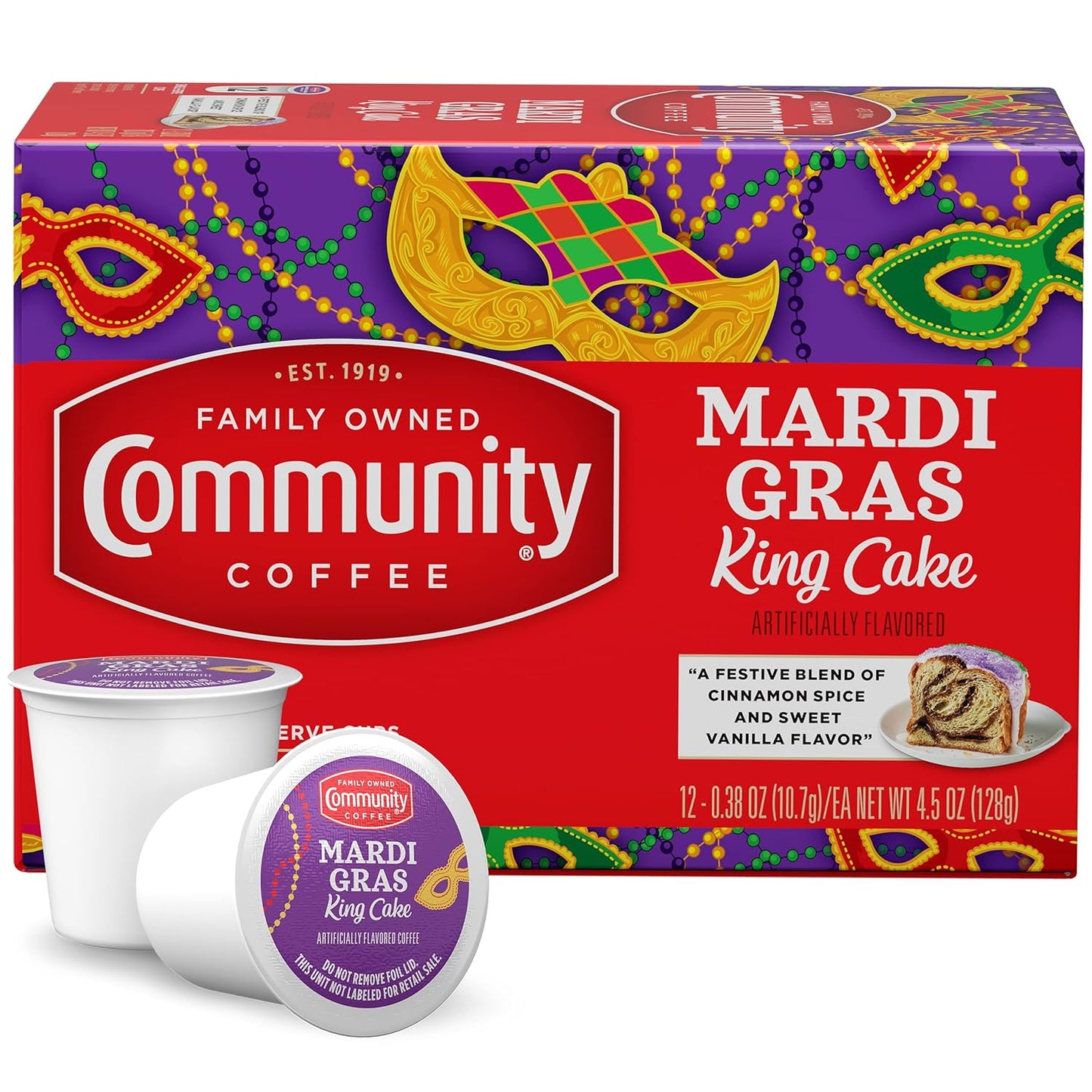 Community Coffee Mardi Gras King Cake Flavored 12 Count Coffee Pods, Medium Roast, Compatible with Keurig 2.0 K-Cup Brewers, 12 Count (Pack of1)