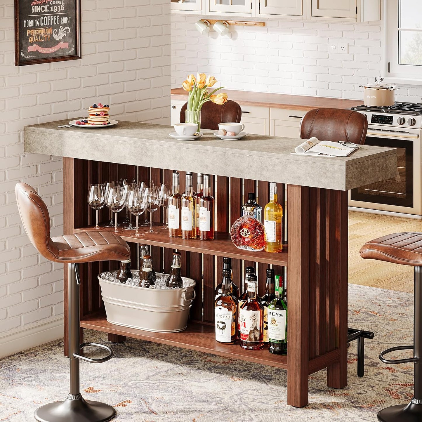 Tribesigns 63-Inch Large Home Bar Unit, 2-Tier Kitchen Island Mini Bar Height Pub Table with Footrest, Modern Coffee Bar Cabinet for Dining Room, Bistro, Living Room