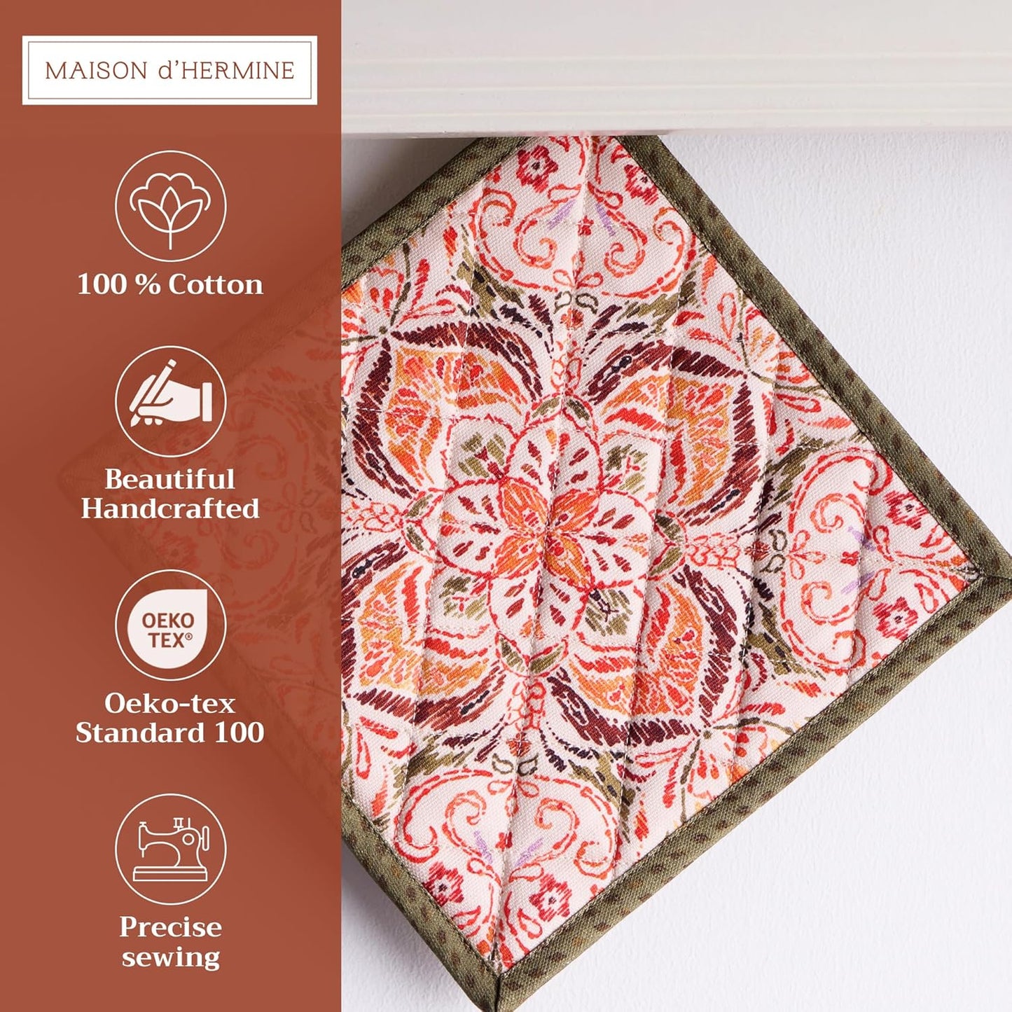 Maison d' Hermine Pot Holders Set 100% Cotton Heat Resistant Potholders 8" x 8" Hot Pads with Loop BBQ, Cooking, Baking, Grilling, Kitchen, Handling Hot Pans (Pack of 2, Damask)