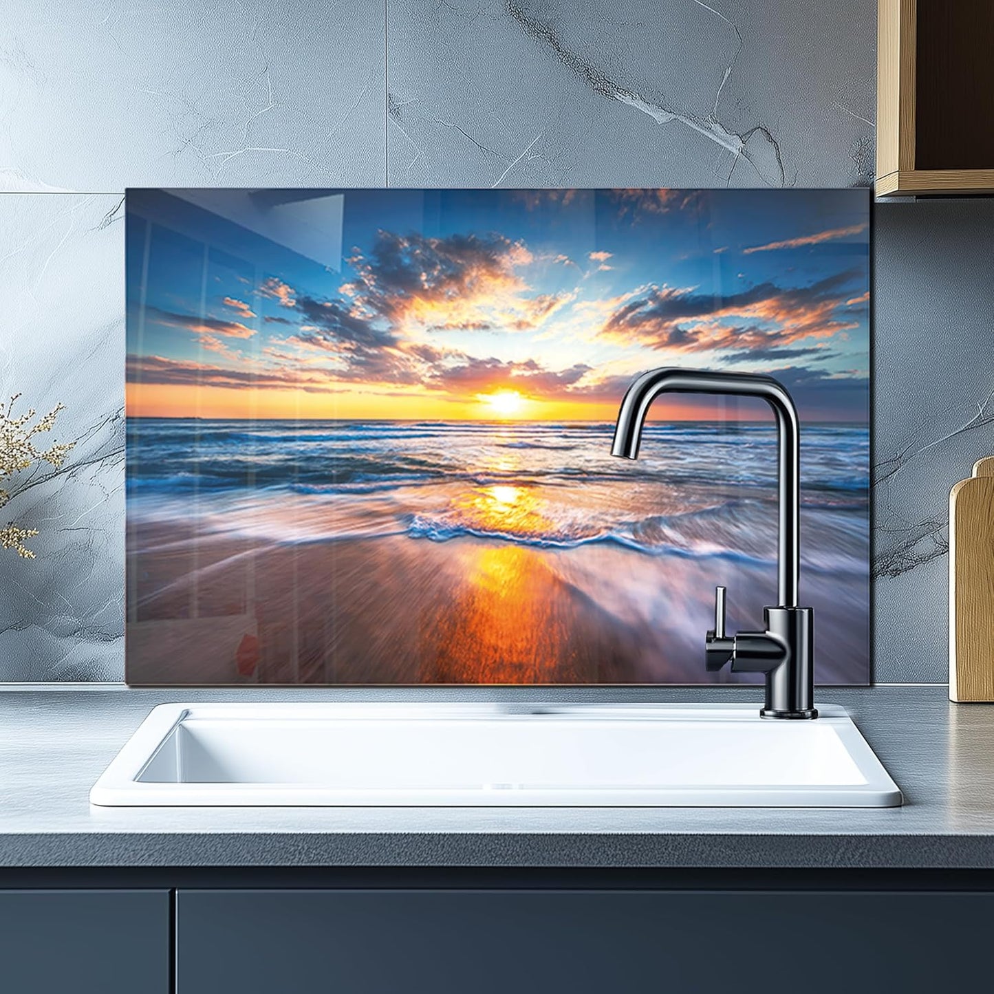 Tempered Glass Backsplash For Kitchen Behind Stove,Sea Beach Stove Backsplash Top Cover,Easy to Clean Glass Splashback, Sink Cover Splash Guard,Home Kitchen Wall Decor (30"x24"(76.2x60.96cm))