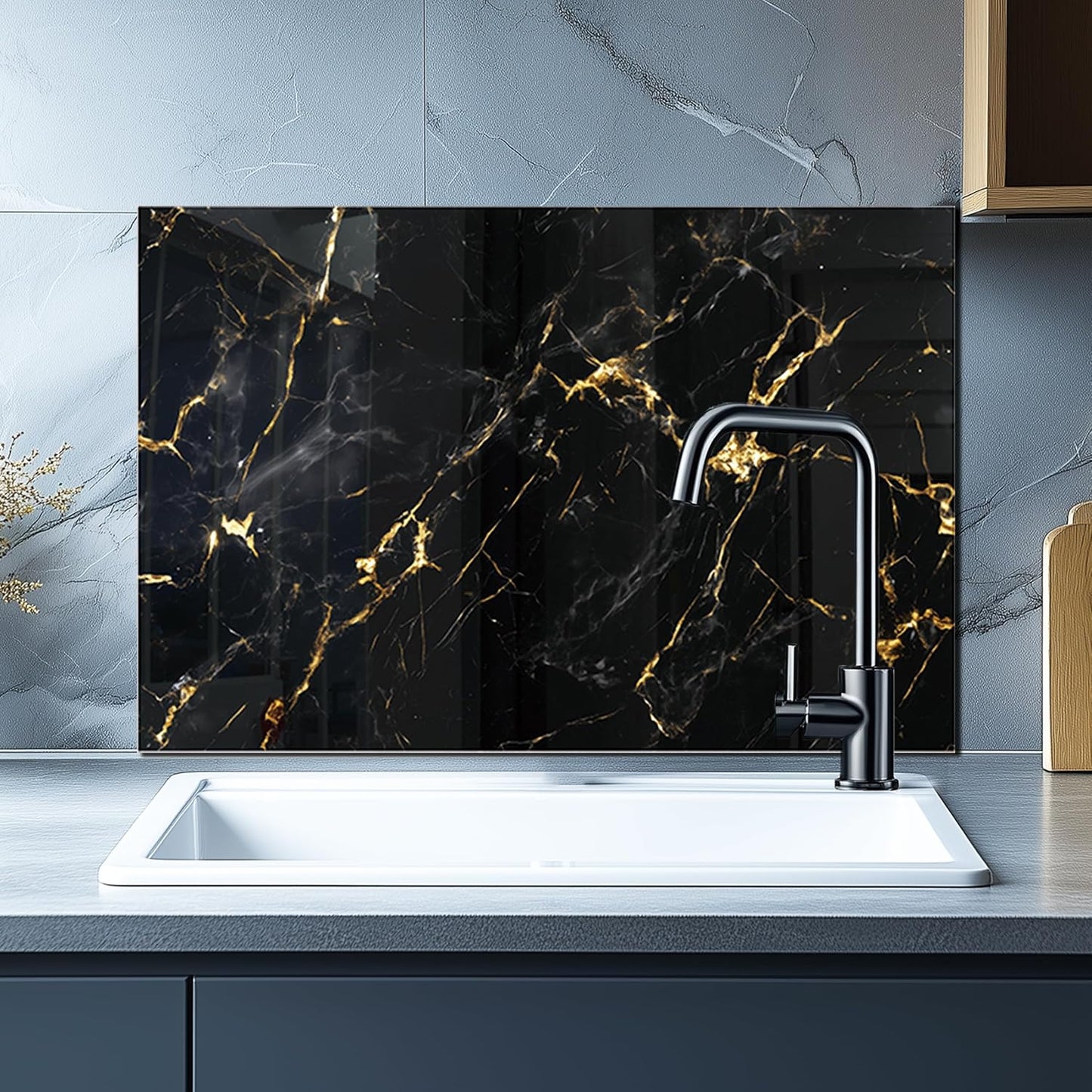 DAIFURONGE Tempered Glass Backsplash For Kitchen Behind Stove,Black Marbling Stove Backsplash Top Cover,Easy to Clean Glass Splashback, Sink Cover Splash Guard,Home Kitchen Wall Decor (30"x30"(76.2x76.2cm))