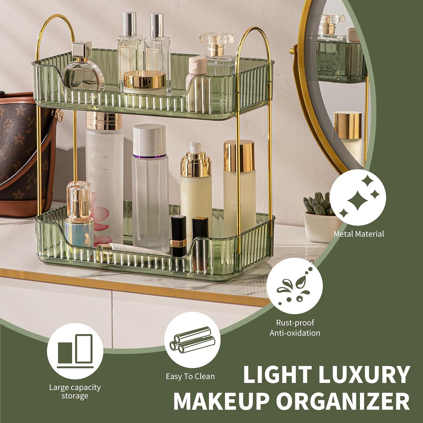 YCIA&DONE Bathroom Organizer Countertop, Makeup Storage, Skincare Cosmetic Tray Shelf, Perfume Holder Rack for Vanity Counter, Large Capacity, Easy to Install, Clean, 2 Tiers, Vintage Green