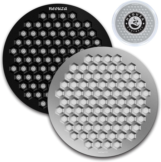 NEOUZA V4 Espresso Puck Screen 0.8mm Thickness Honeycomb Mesh Double Layer Black Protective Coating for Coffee Portafilter Basket (2, Black and Silver, 53mm)