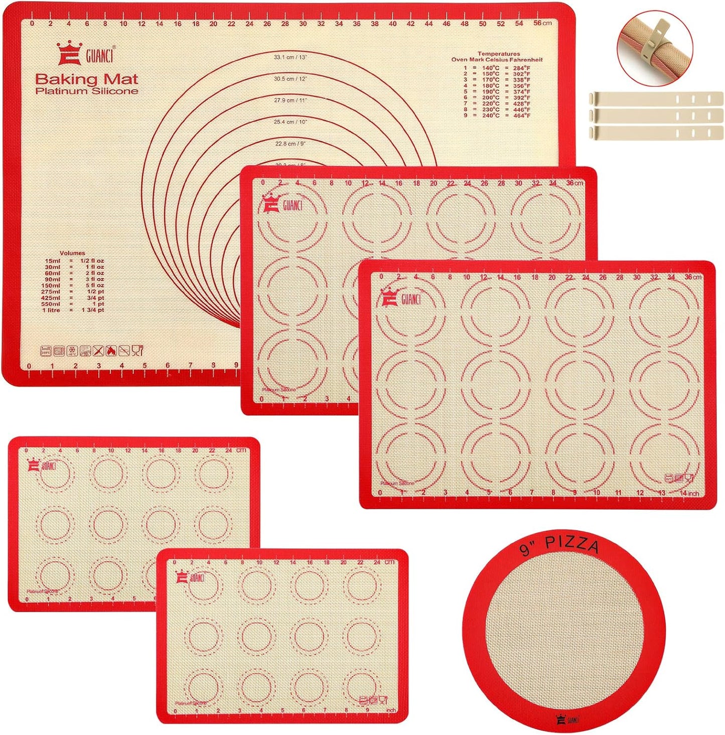 Silicone Baking Mat Set of 6, GUANCI Grade Food Baking mats Non-Stick Reusable Pizza Bakeware Mat for Making Macaroon, Pizza, Cookie, Pastry, Bread, Bun（Red）