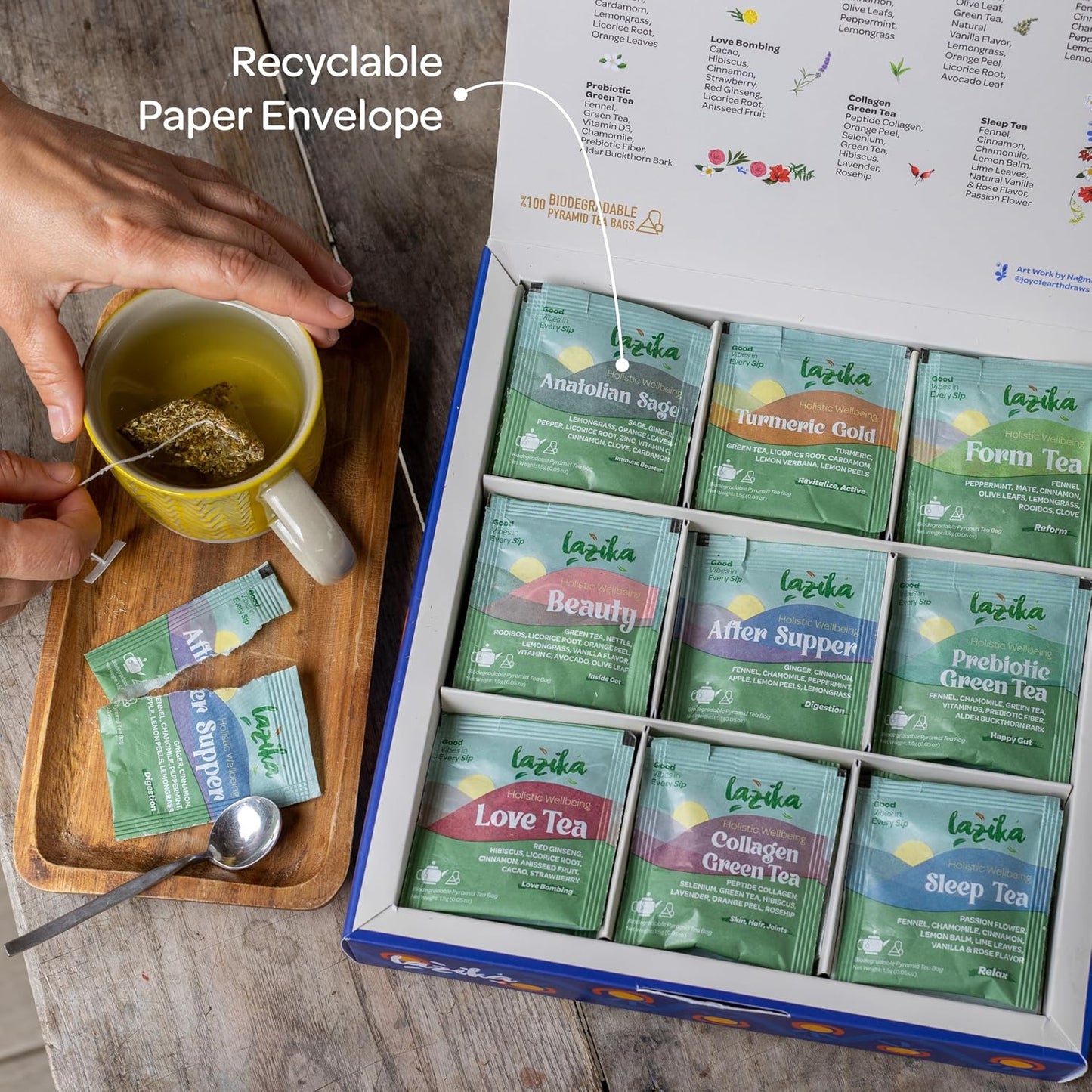 Lazika Herbal Tea Variety Pack with Lovely Presentation Box, 54 Counts, Holistic Wellbeing Tea Assortment Gift Set, Premium Collection with Pyramid Infuser Bag, Handcrafted