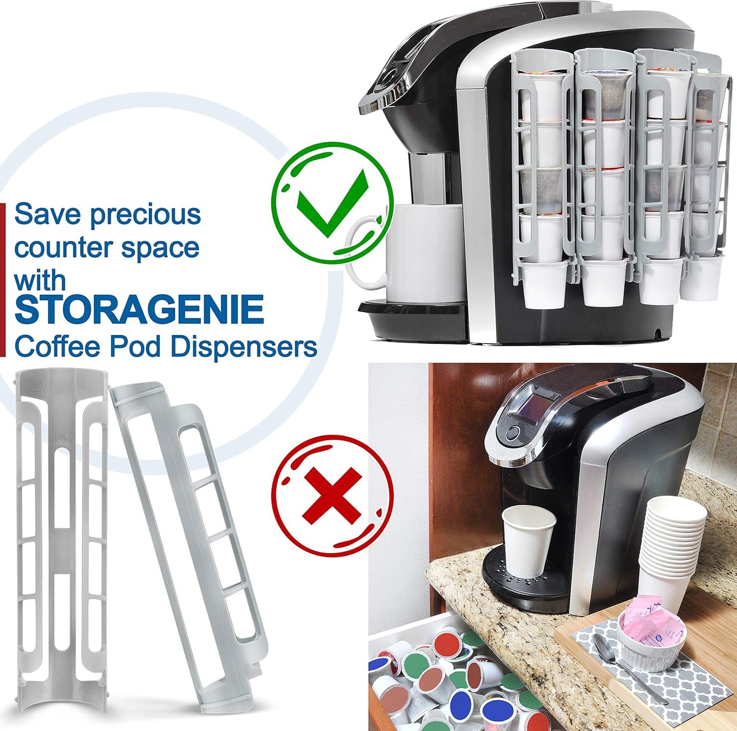 STORAGENIE Coffee Pod Holder Side Mount K Cup Pods Dispenser compatible with Keurig Coffee Makers, Perfect for Small Counters (3 Pack/For 15 K-Cups, LIGHT GREY)
