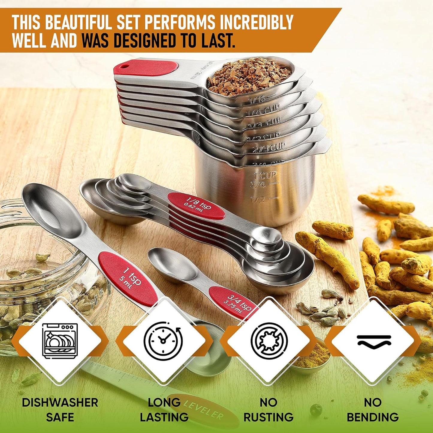 Spring Chef Magnetic Measuring Cups & Spoons Set (Patent Pending), Strong N45 Magnets, Heavy Duty Stainless Steel Fits in Spice Jars for Baking & Cooking, BPA Free, Round Set of 15 with Leveler, Red
