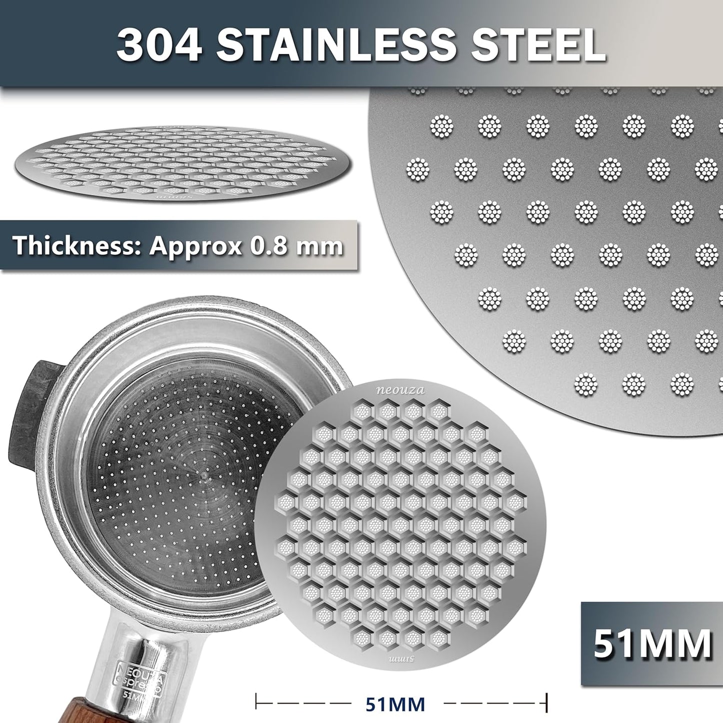 NEOUZA V4 Espresso Puck Screen 0.8mm Thickness Honeycomb Mesh Double Layer Black Protective Coating for Coffee Portafilter Basket (2, Silver, 51mm)