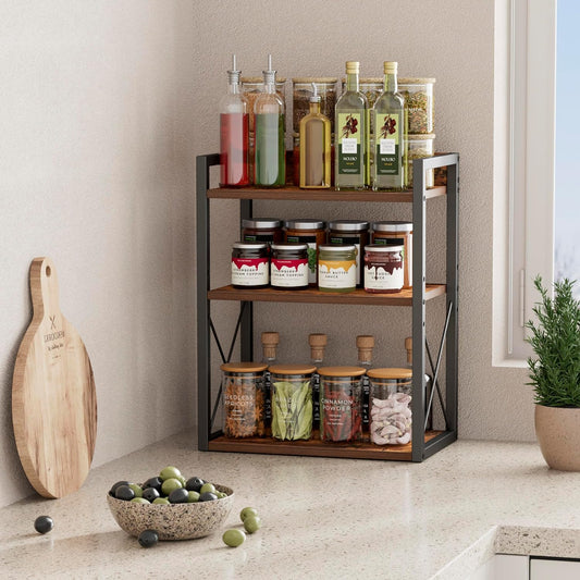 3-Tier Kitchen Spice Rack Organizer for Countertop, Coffee Counter Shelf, Mug Shelf, Bathroom Counter Organizer, Makeup Organizer, Rustic Brown and Black