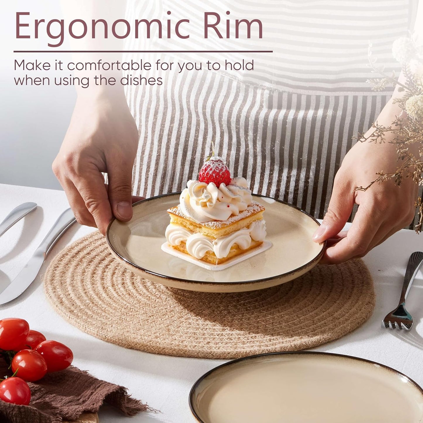 Herogo Ceramic 7.9 Inch Dinner Dessert Plates Set of 6, Small Stoneware Dinnerware Plate Set, Double Reactive Glaze Large Dinnerware Plates for Kitchen, Microwave, Oven & Dishwasher Safe, Cream Khaki