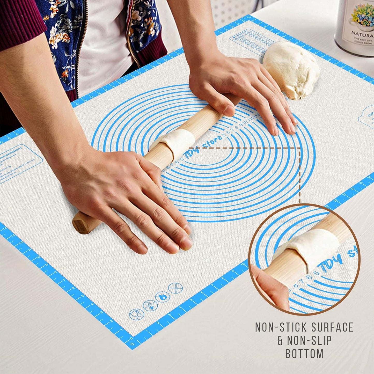 36 * 24 inches Blue, Non-Slip Silicone Baking Sheets - Baking Mat with 0.7mm Thickness - Non-Stick Pastry & Cookie Mat for Kitchen Counter for Rolling Out Dough with Measurements.