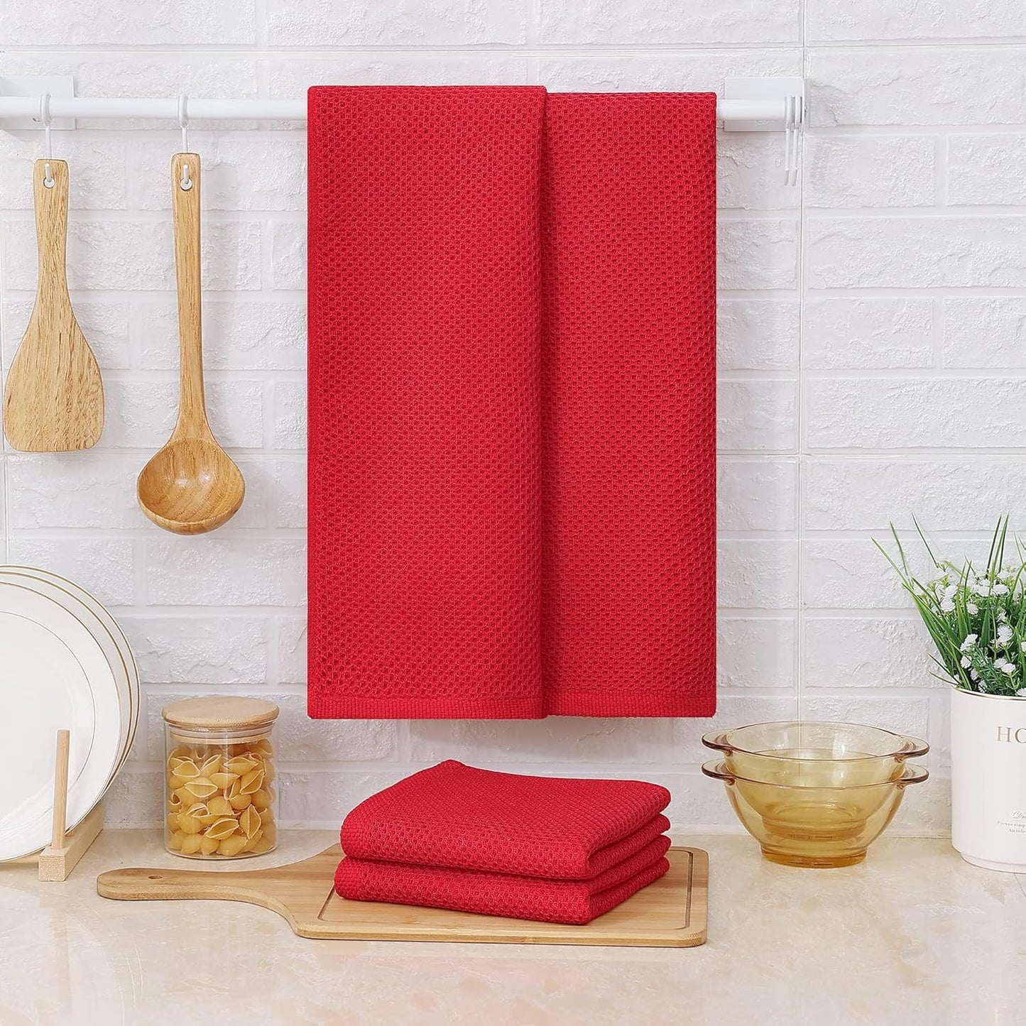 Kitinjoy 100% Cotton Waffle Weave Kitchen Towels, 4-Pack Super Soft and Absorbent Dish Towels for Drying Dishes, Kitchen Hand Towels, 13 in x 28 in, Brick Red
