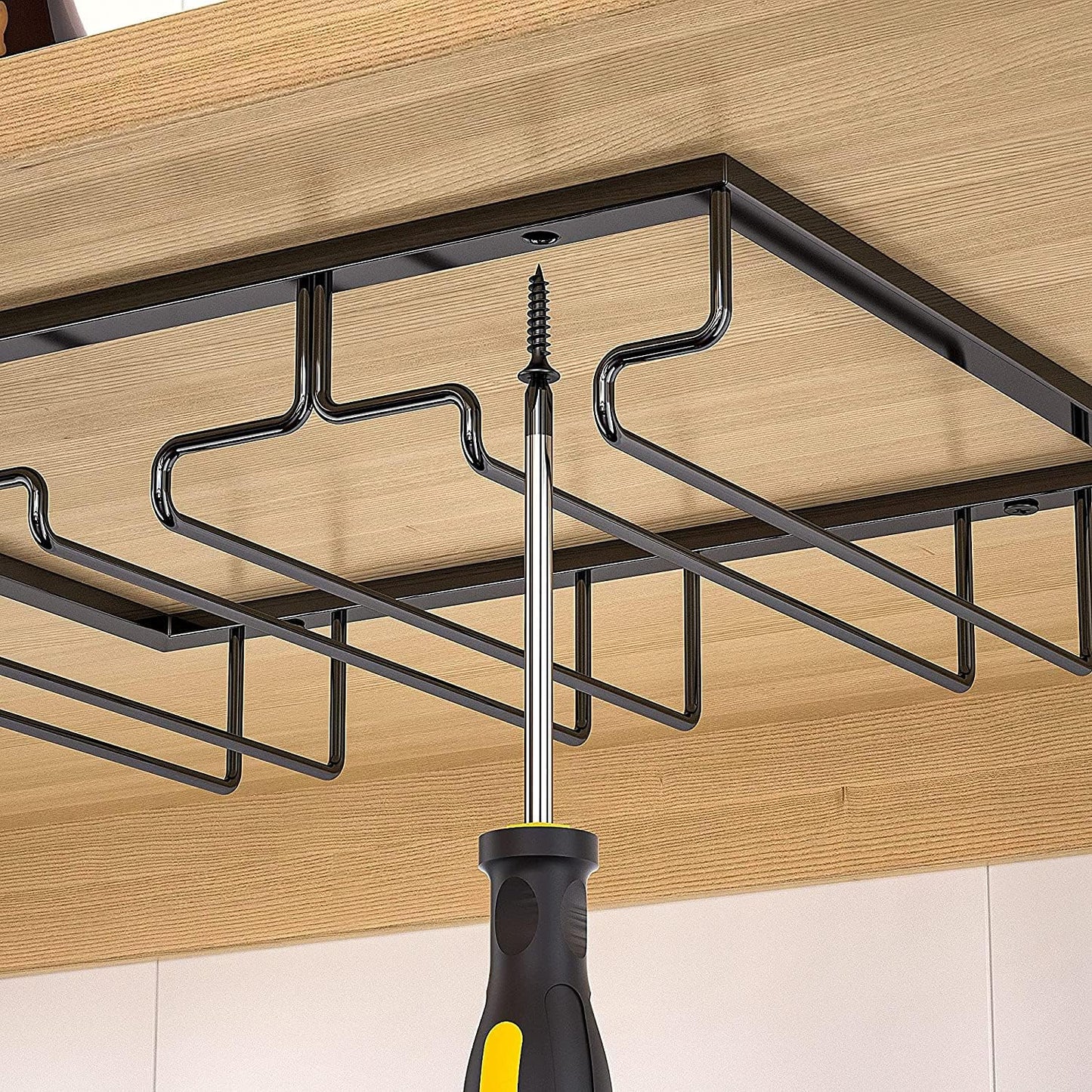 Wine Cup Holder Table Decoration Storage Hanger Metal Organizer for Bar Kitchen Stemware Rack Under Cabinet Stainless Steel Hanger Storage Shelf Black (Black, 3 Rows 1 Pack)