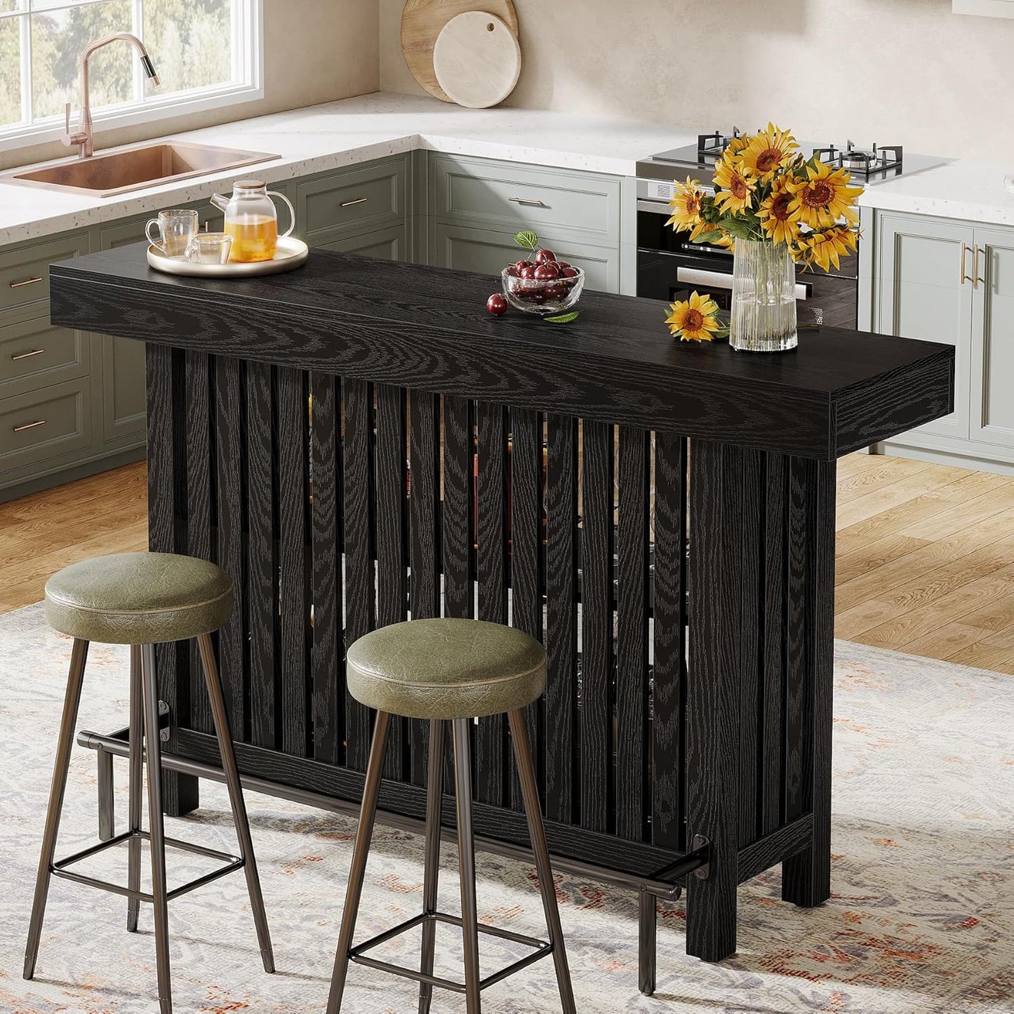 Tribesigns Black Large Home Bar Unit, 2-Tier Mini Bar Table Height Pub Table with Footrest, 63-Inch Modern Coffee Bar Cabinet for Home Kitchen, Bistro, Dining Room, Living Room