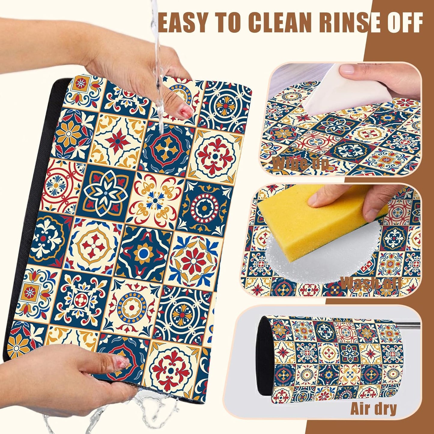 Dish Drying Mat Moroccan Tile Coffee Bar Mat for Countertop Absorbent Rubber Backed Hide Stain Dish Drainer Rack Pad Coffee Maker Espresso Machine Dining Room Decoration 11.8 x 19.7 Inch