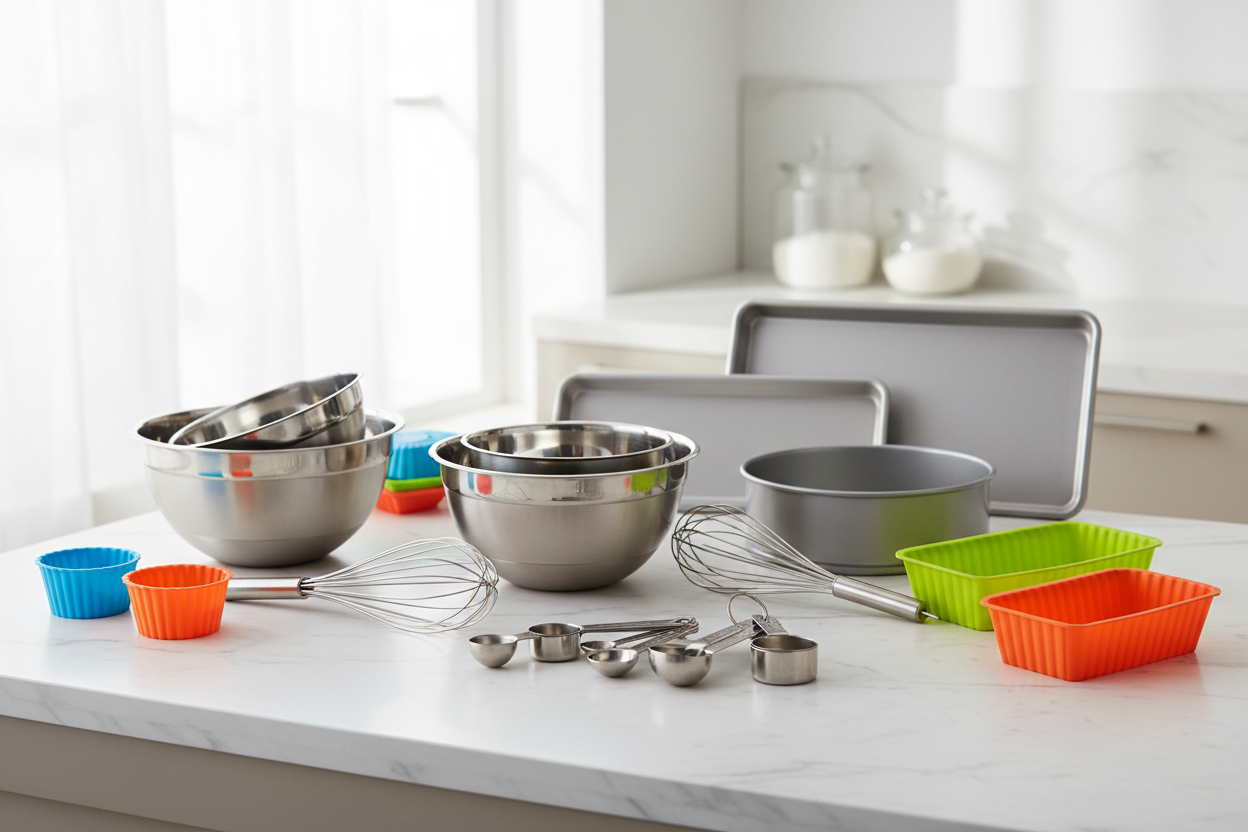 Baking Essentials: Mixing bowls, whisks, measuring sets, silicone molds, and bakeware designed to make baking easier, cleaner, and more enjoyable. (make it real photo)