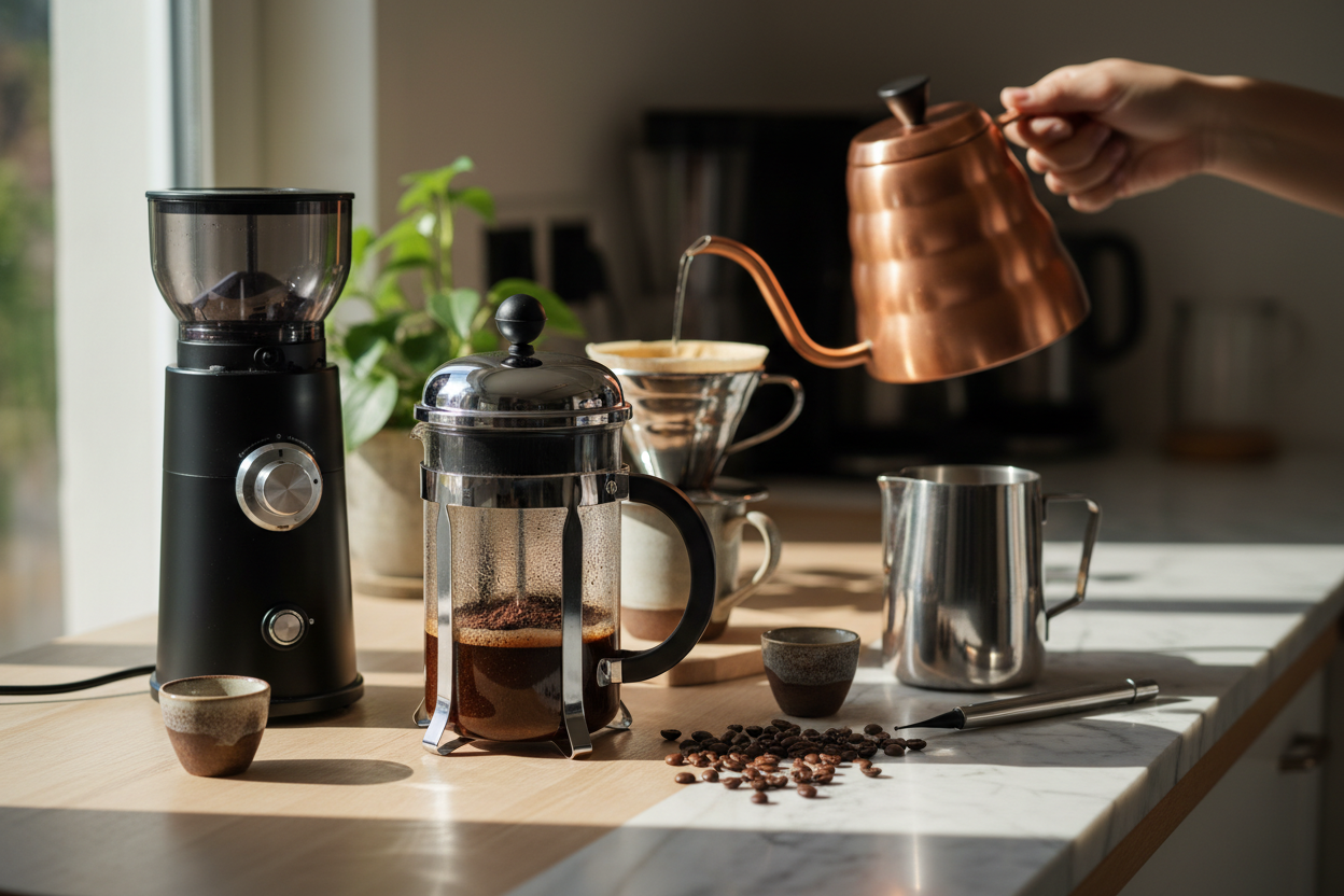 Coffee Gear: From precision grinders and French presses to pour-over kits and latte art tools, we have everything you need to craft café-quality drinks at home. (make it real photo)